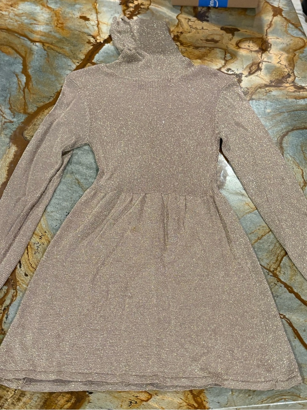 Zara Gold Metallic Dress Size Small Long Sleeve Turtleneck Sheer WOW